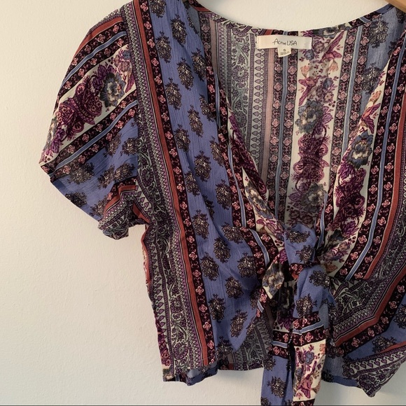 Boho Floral Mix Print Tie Wrap Front Crop Top - S - Picture 3 of 6